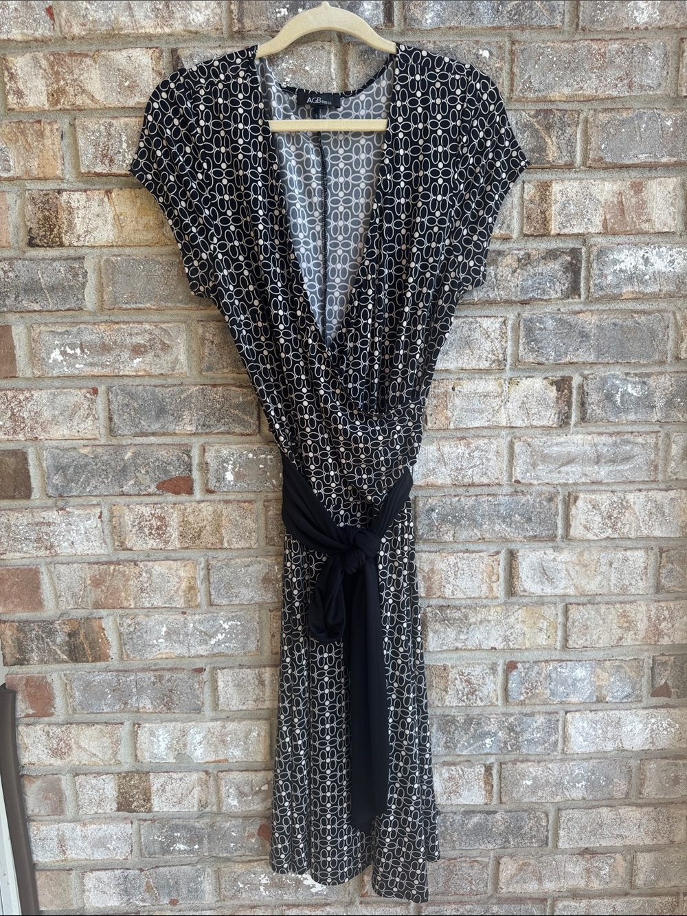 AGB Black and White Geometric Midi faux Wrap Dress with Sash